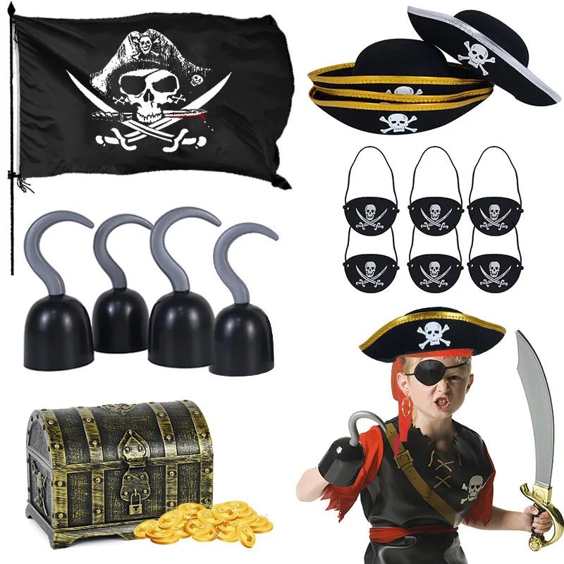 Halloween Pirate Cosplay Party Set Pirate Eye Patches Pirate Flag Skull Print Pirate Captain Costume Cap for Halloween Kids Gift
