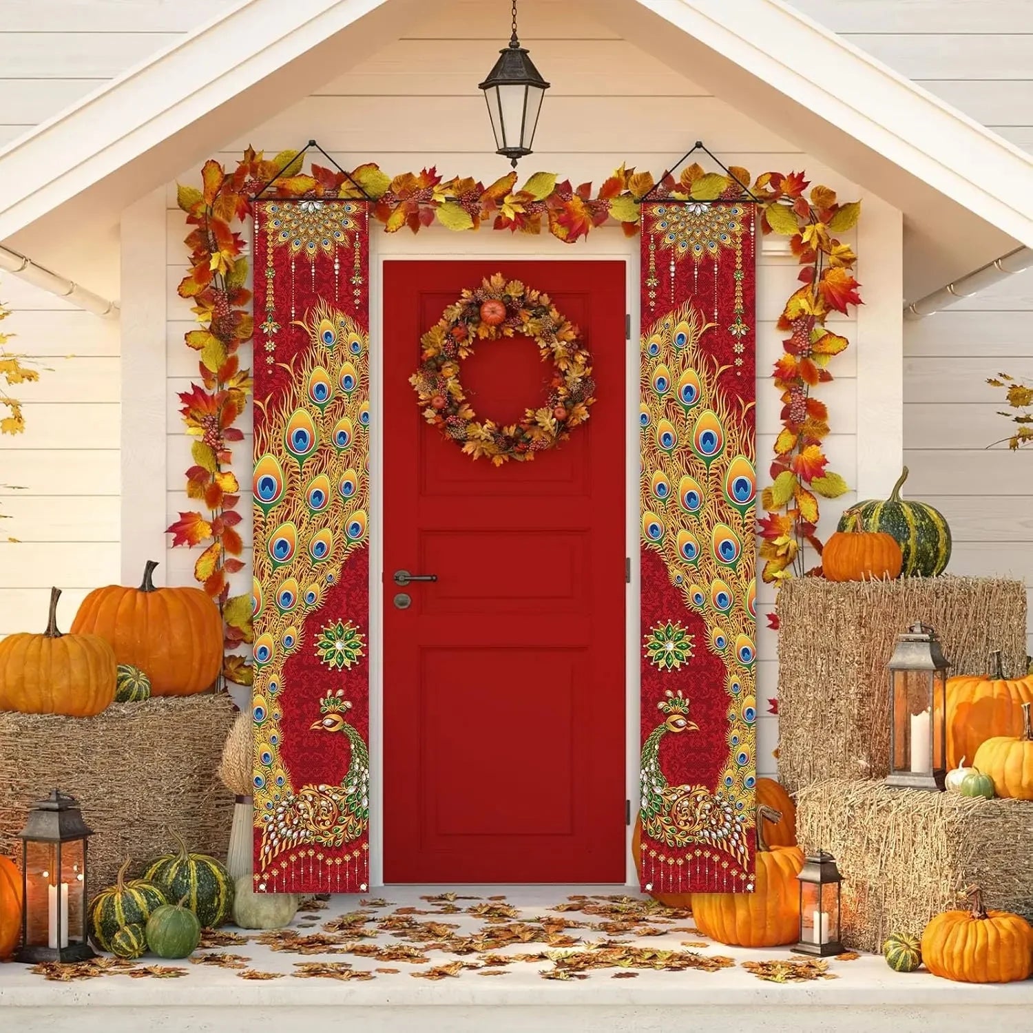 A Pair Of Diwali Porch Banners, Indian Diwali Peacock Front Door Welcome Signs, Party Decorations, Durable Polyester Fibre