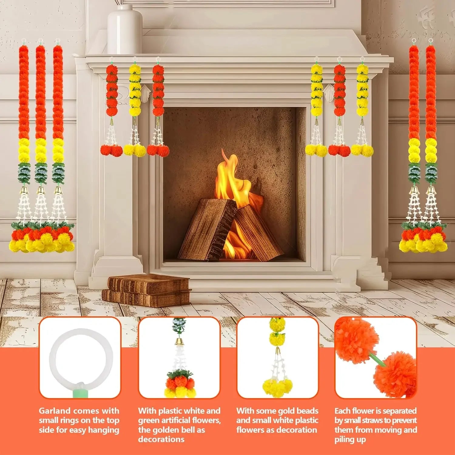 Plastic Marigold Flower Garland Artificial Festival Wreath for Diwali Celebration Day of The Dead Christmas Party Supplies