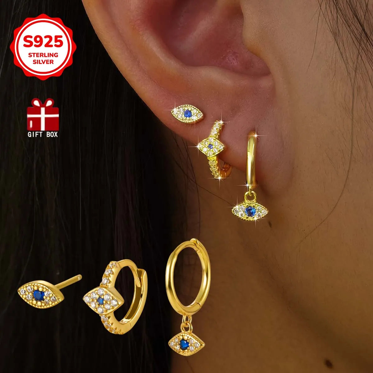 3 PCS S925 sterling silver Evil Eye earrings hypoallergenic jewelry set with synthetic zirconia fashionable and creative unisex