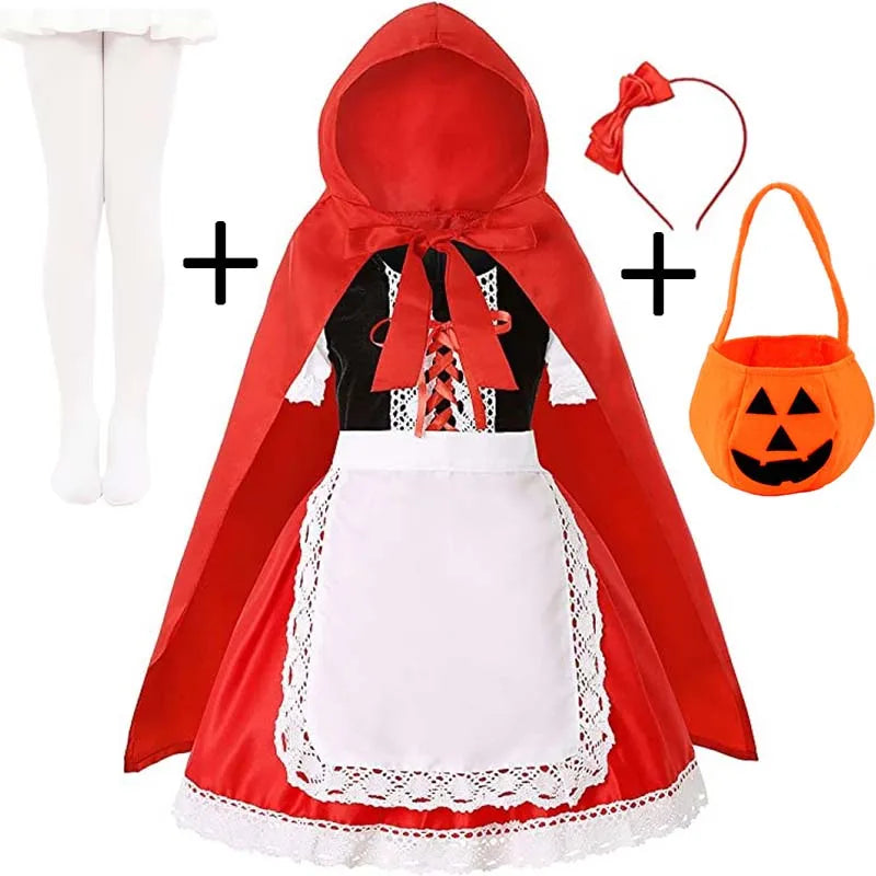 Girls Little Red Riding Hood Cosplay Children's Costume Princess Halloween Dress Headband + Pumpkin Bag Set Dresses for Girls