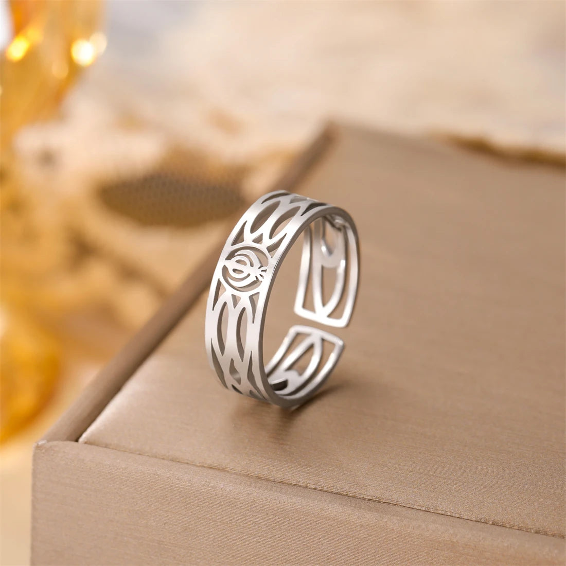 EUEAVAN Fashion Sikhism Symbol Rings For Women Men Stainless Steel Adjustable Classic Sikh Khanda Ring Religious Amulet Jewelry