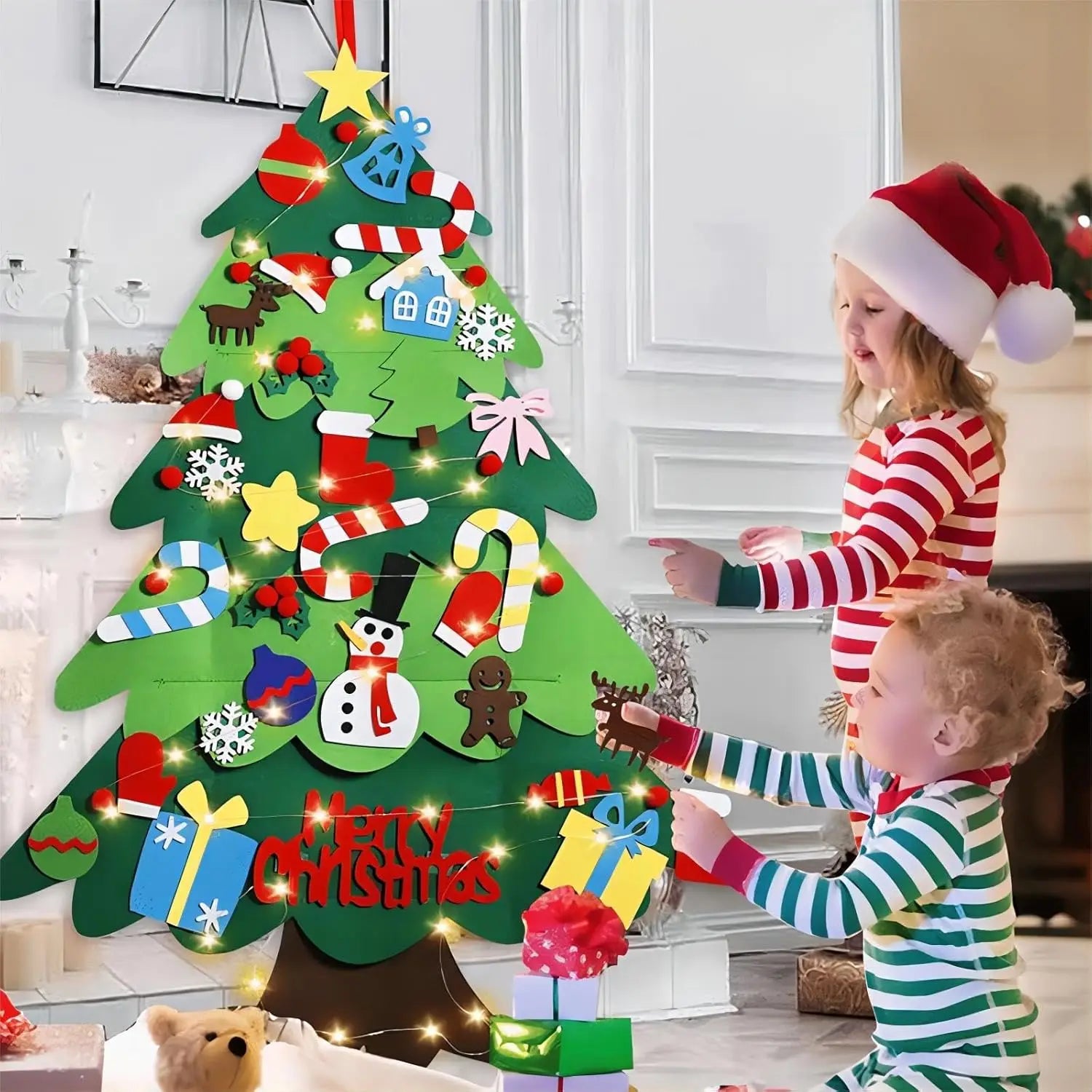 Felt Christmas Tree with Ornaments DIY Cristmas Ornament Xmas Navidad Gifts Santa Claus New Year Door Wall Hanging Decorations