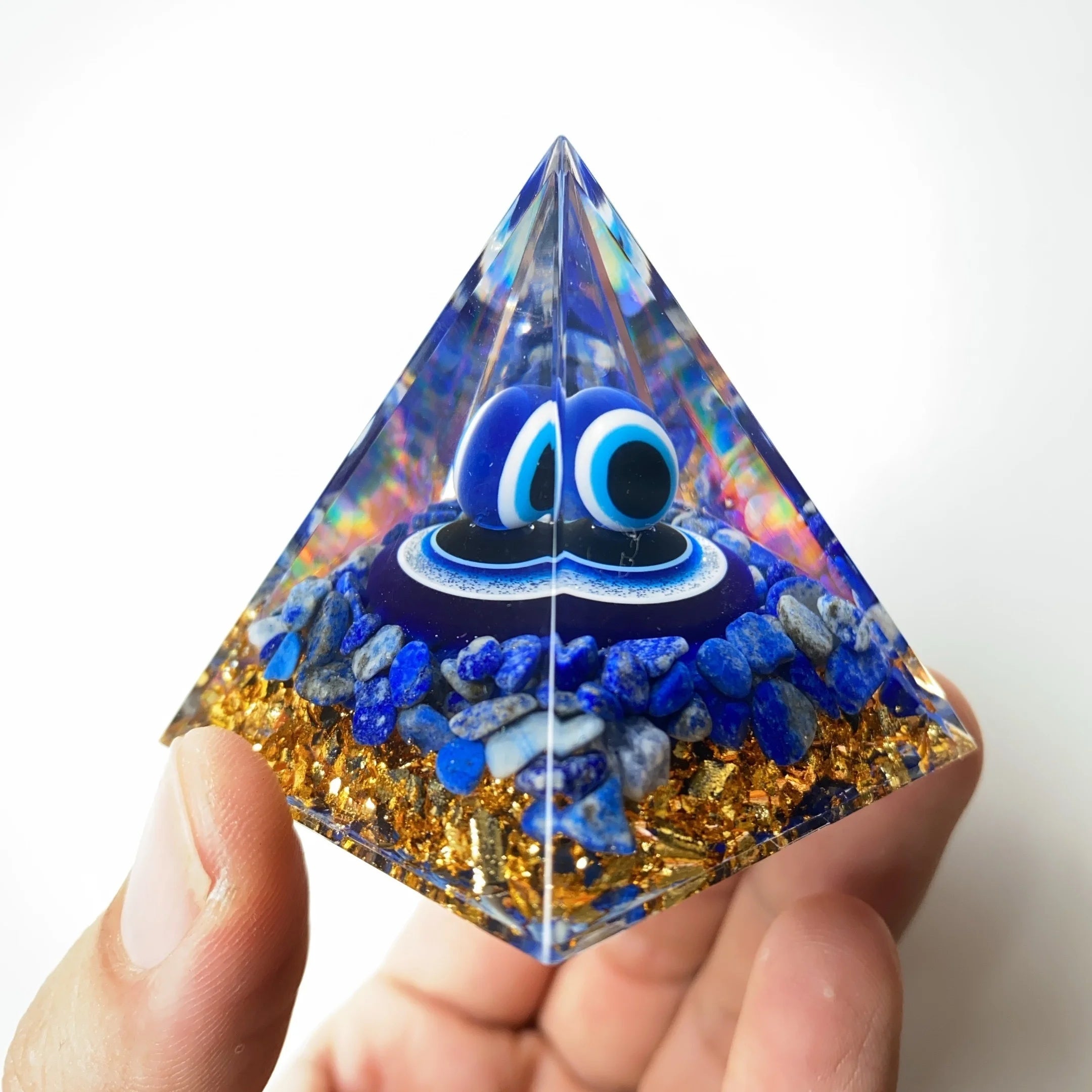 Evil Eye Pyramid Figurine With Lapis Lazuli Chips Pyramid of Orgen, 5cm Lazuli Devil's Eye Pyramid, The Orgen Pyramid series