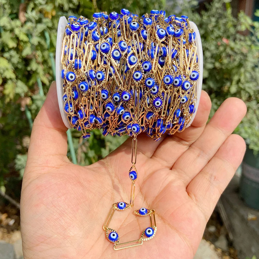Colorful Evil Eye Beads Chains Stainless Steel Link Pearl Beaded Chains Turkey Eye Link Chain for Necklace Making Jewelry DIY