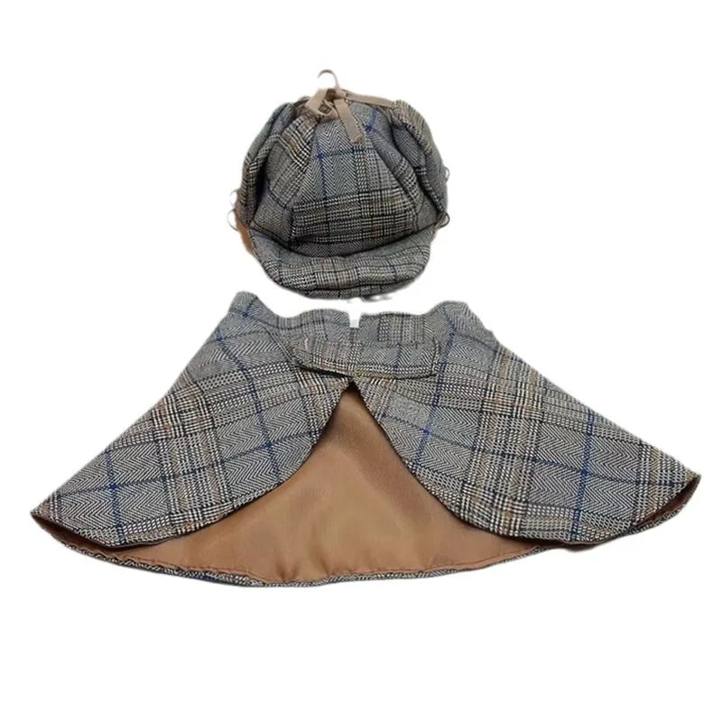 Pet Detective Transformation Cloak Hat Set Cat Dog Checkered Halloween Dress Up Funny Cloak Coat Puppy Clothes for Small Dogs