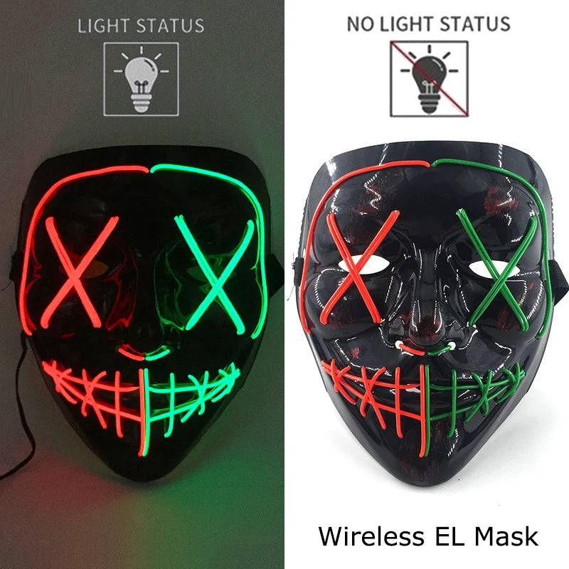 Wireless Neon LED Purge Mask Glow in The Dark Cosplay Horror Mask Halloween Masquerade Party Masks Glowing Funny Dress Up