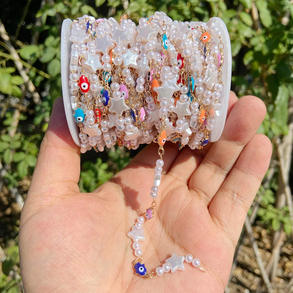 Colorful Evil Eye Beads Chains Stainless Steel Link Pearl Beaded Chains Turkey Eye Link Chain for Necklace Making Jewelry DIY
