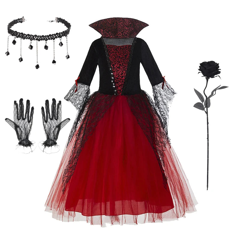 Vampire Halloween Dress for Kid Ghost Bride Gothic Witch Cosplay Costume Carnival Party Black and Red Clothes Dresses for Girls