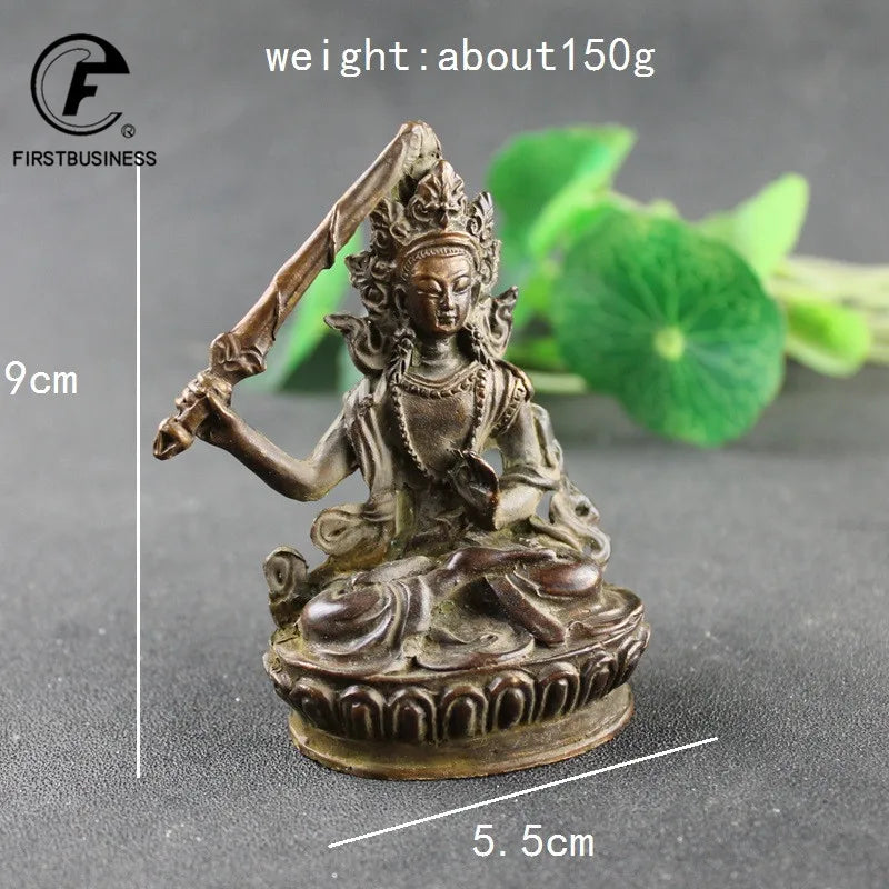 Antique Copper Tibetan Buddhism Holding Sword Manjushri Bodhisattva Buddha Statue China Crafts Collection Home Desktop Ornaments