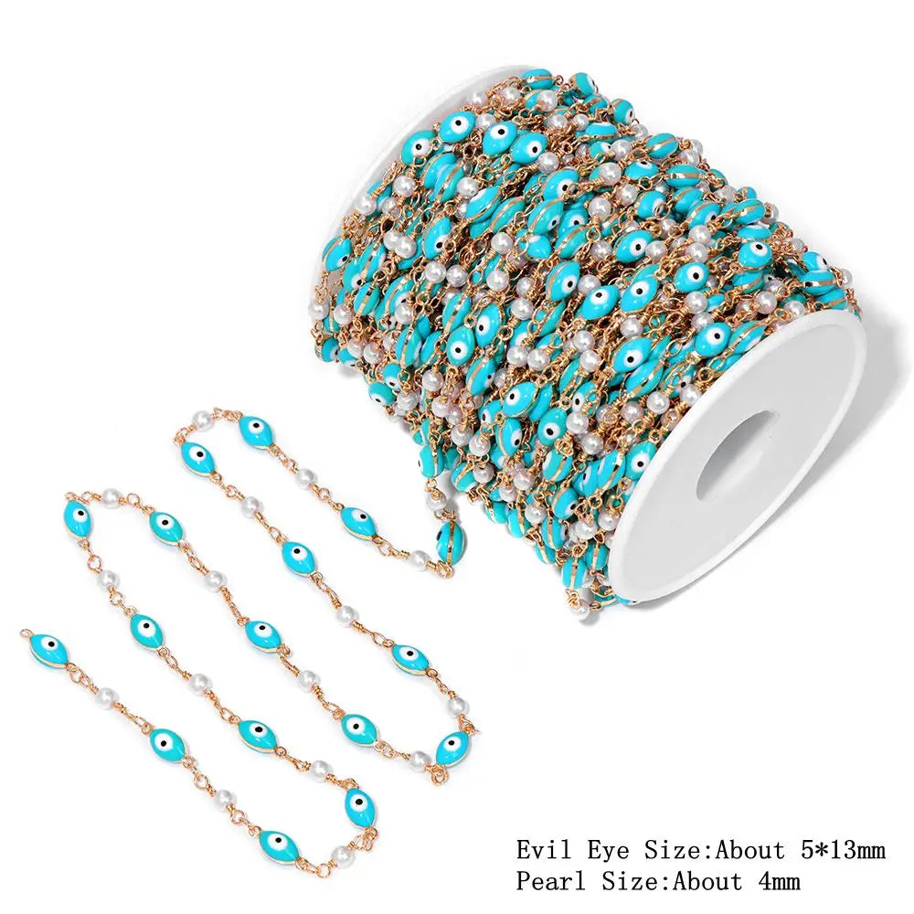 Colorful Evil Eye Beads Chains Stainless Steel Link Pearl Beaded Chains Turkey Eye Link Chain for Necklace Making Jewelry DIY