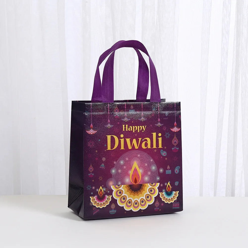 8Pcs Happy Diwali Theme Gift Packing Bag Non-Woven Shopping Tote Bag for India Diwali Festival Party Favors Bag Decoration