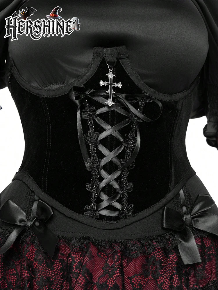 HERSHINE 1-piece Women's Black Velvet Fabric Lace Waist Waist Cover Y2K Gothic Dark Halloween Dress Accessories