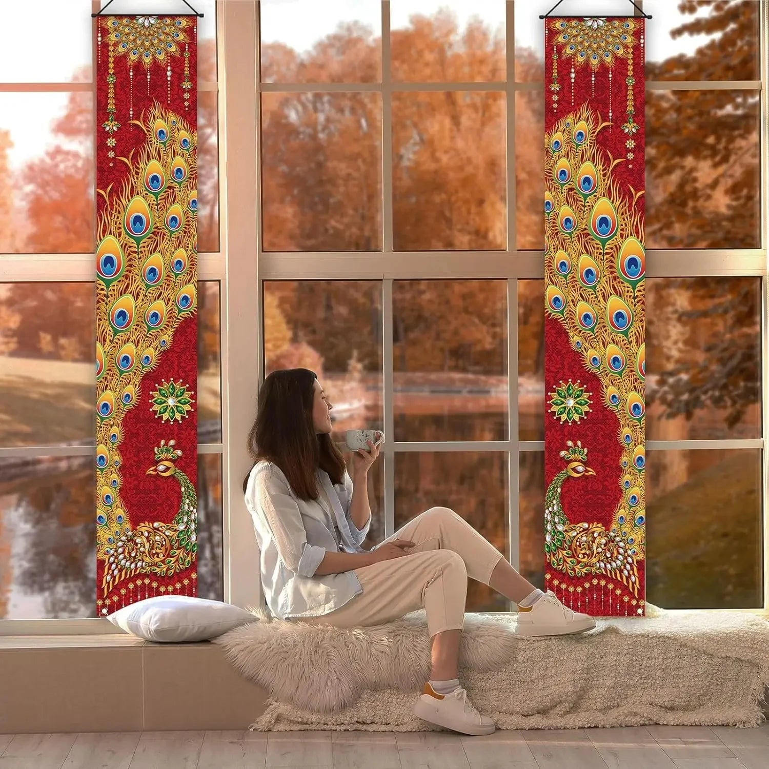 A Pair Of Diwali Porch Banners, Indian Diwali Peacock Front Door Welcome Signs, Party Decorations, Durable Polyester Fibre