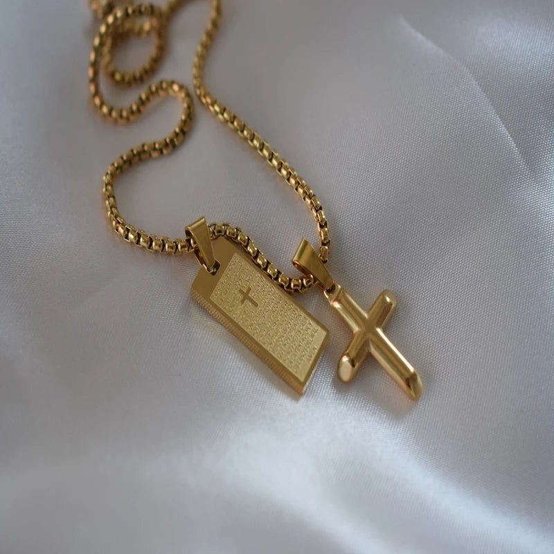 Cross Pendant Geometric Necklace Electroplated 18K Gold Stainless Steel Oval Square Necklace