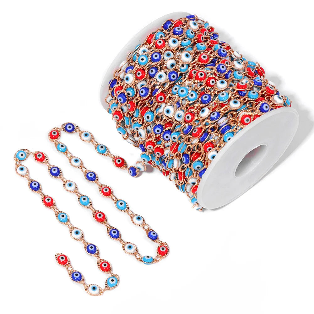 Colorful Evil Eye Beads Chains Stainless Steel Link Pearl Beaded Chains Turkey Eye Link Chain for Necklace Making Jewelry DIY