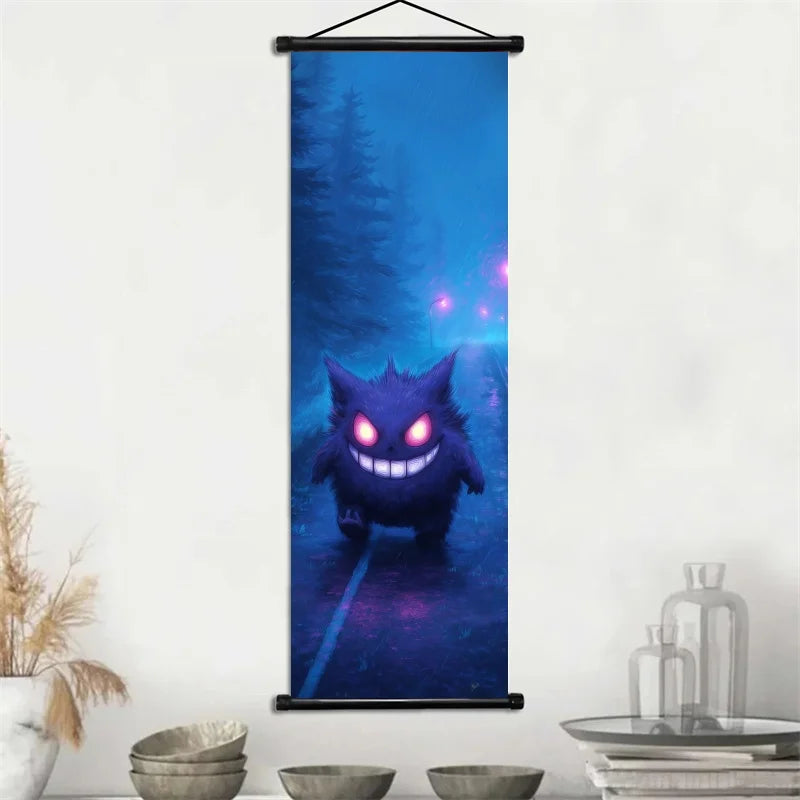 Pokemon Gengar Scroll Art Cloth Anime Characters Wall Hanging Poster Halloween Xmas Decor Fans Collection Home Gifts