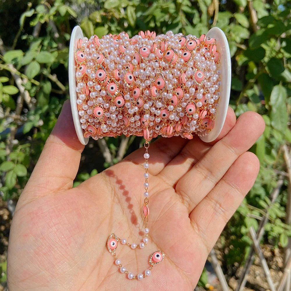 Colorful Evil Eye Beads Chains Stainless Steel Link Pearl Beaded Chains Turkey Eye Link Chain for Necklace Making Jewelry DIY