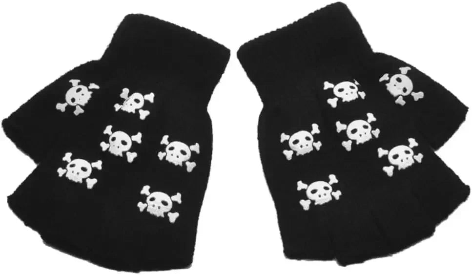Punk Gloves Halloween Gloves Cosplay Y2k Skeleton Skull Half Finger Gloves Glow in The Dark Stretch Knitted Winter Mittens Adult