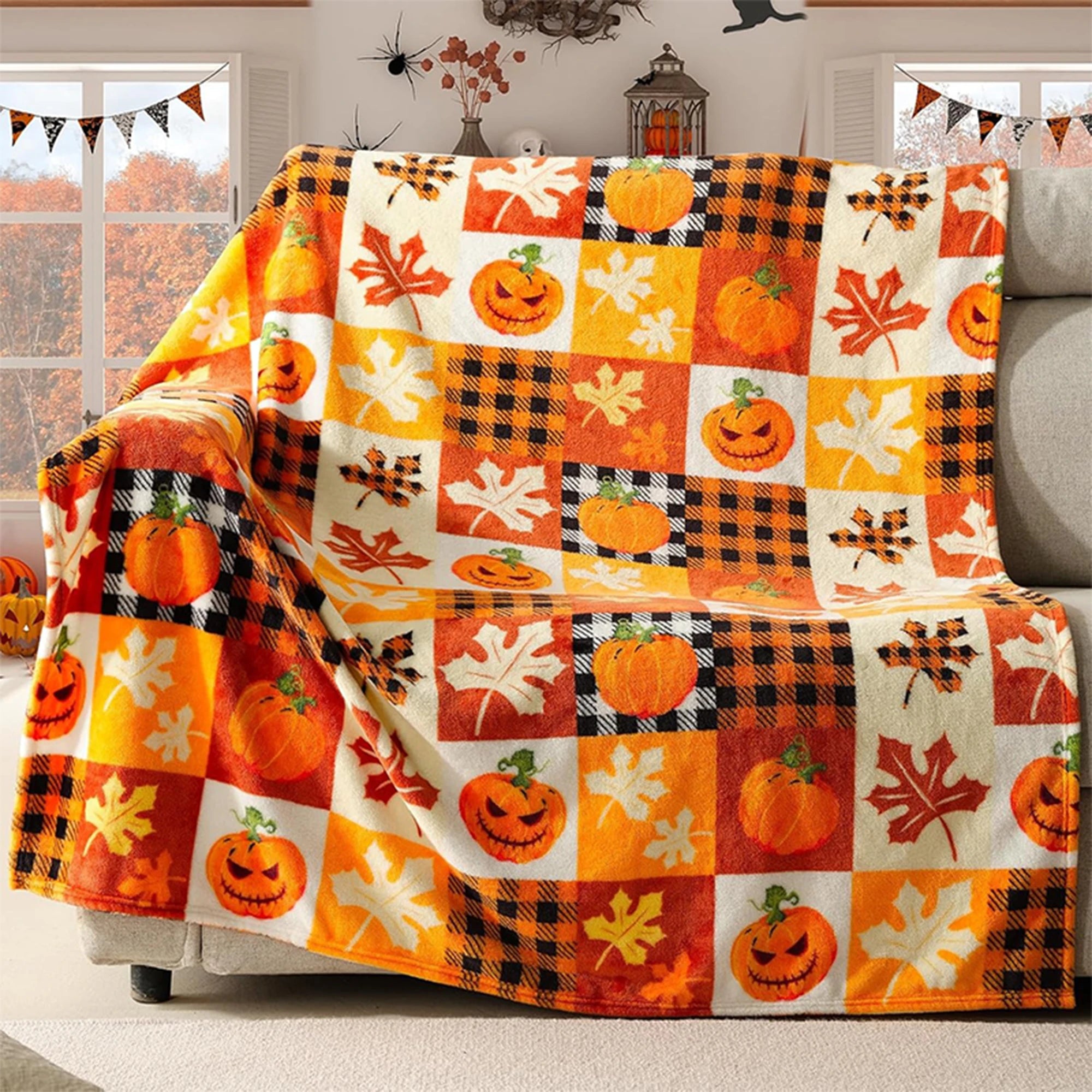 Halloween Pumpkin & Leaf Patterned Soft Fleece Blanket for Cozy Nights Flannel blanket, soft and comfortable, gift