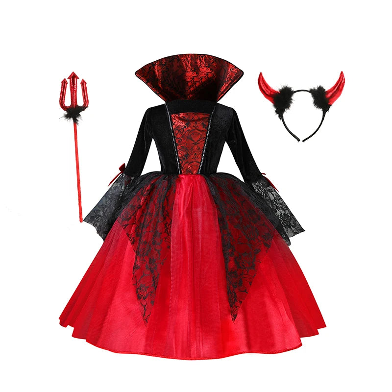Girl Vampire Halloween Dress For Kid Ghost Bride Gothic Cosplay Vampire Costume Count Vampiran Carnival Outfit Black Red Clothes