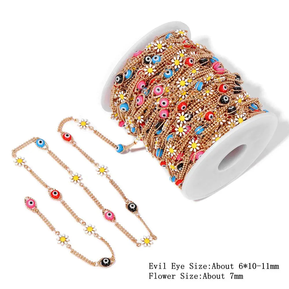 Colorful Evil Eye Beads Chains Stainless Steel Link Pearl Beaded Chains Turkey Eye Link Chain for Necklace Making Jewelry DIY