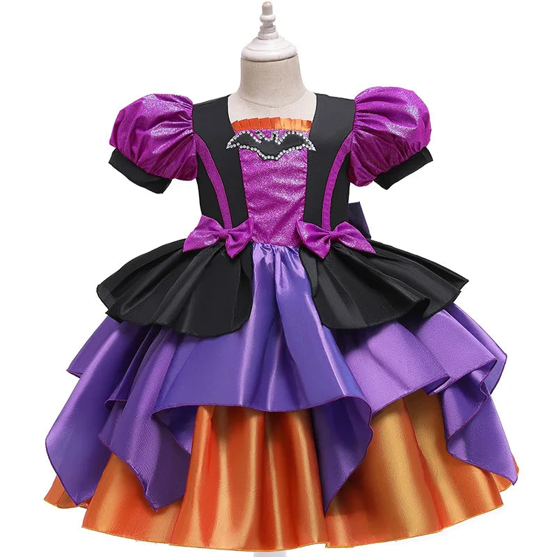 Children Girls Purple Puff Sleeve Sequins Big Bow Princess Dress For Kids Birthday Halloween Dress Up Carnival Party Gown