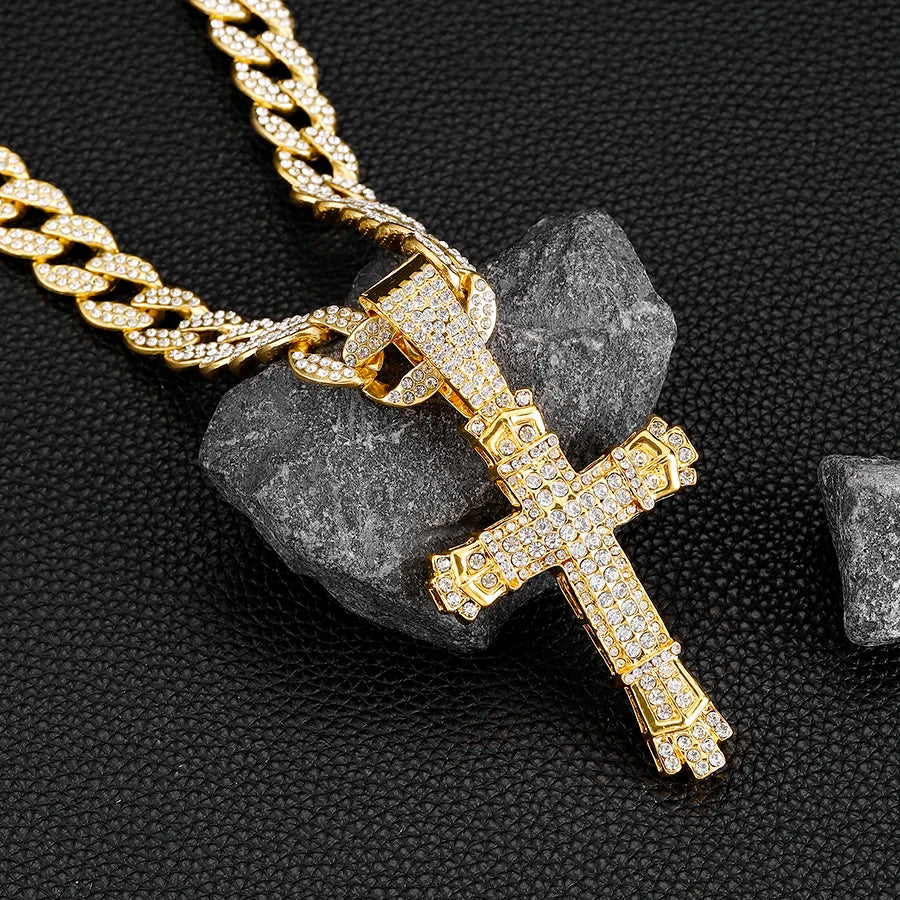 Cross Cross Pendant Necklace For Men Hip Hop Cuban Chain Bling Jewelry With Crystal Miami Cuban Chain fashion jewelry