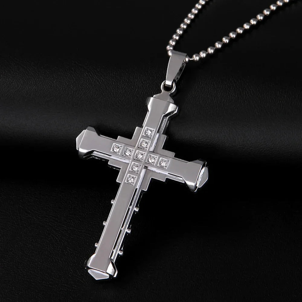2024 New Male Crystal Cross Jesus Pendant Gold/Black/Blue Color Zirconia Cross Pendant Necklace Stainless Steel Jewelry