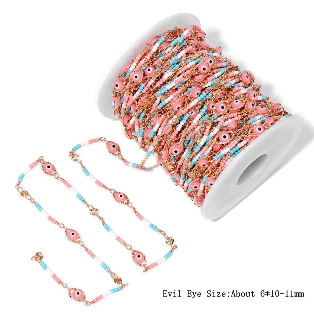 Colorful Evil Eye Beads Chains Stainless Steel Link Pearl Beaded Chains Turkey Eye Link Chain for Necklace Making Jewelry DIY