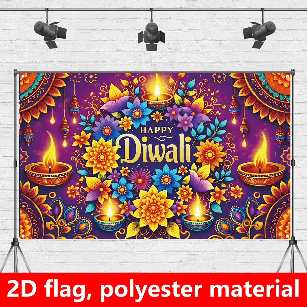 1 extra large Diwali decoration flag, dark purple background Indian festival party banner, floral pattern