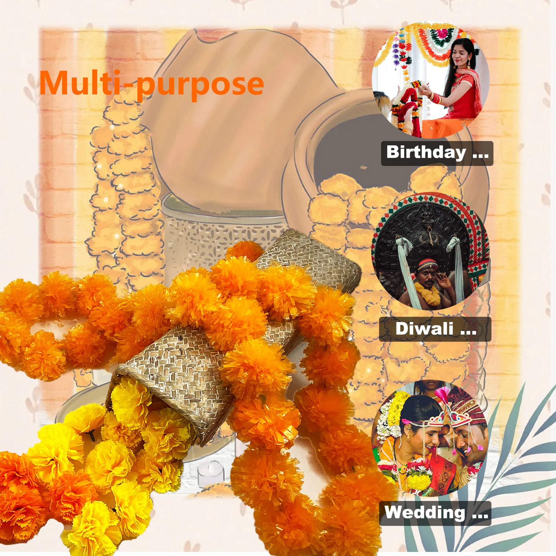 2 Pcs Marigold Flower Garland with бо Flowers for Diwali Mexican Dia de los Muertos DIY Wreath Day of The Dead Decor Party