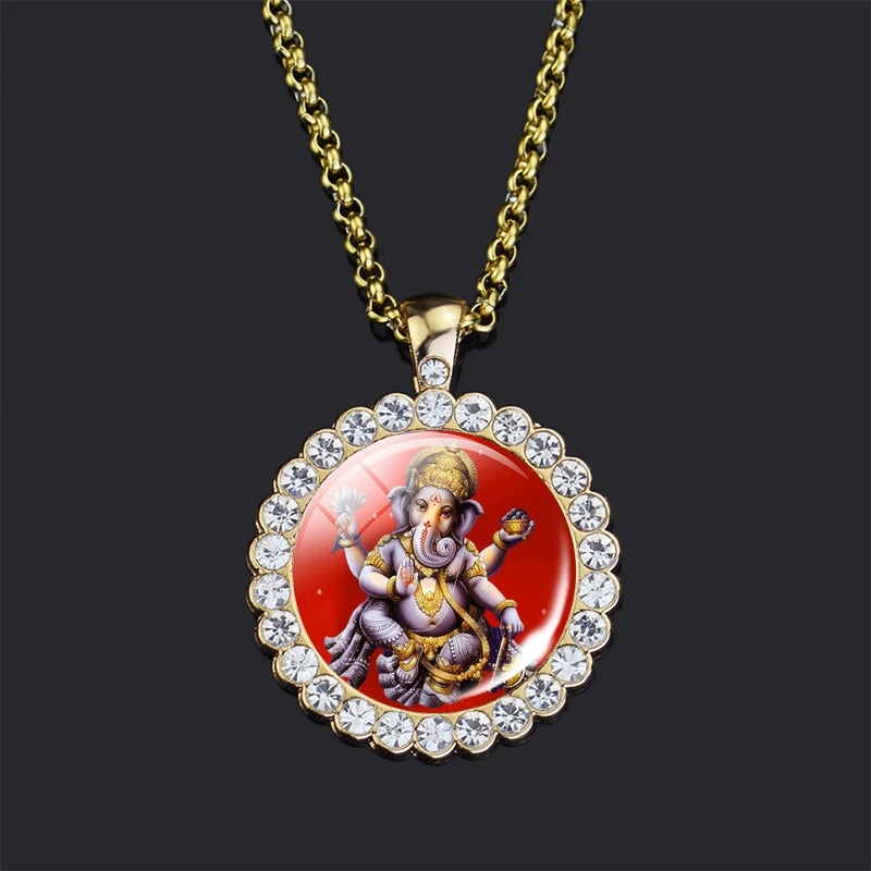 Shiva Parvati Necklace Hindu God Jewelry Vishnu Lakshmi Glass Rhinestone Pendant Chain Necklace Hinduism Jewelry