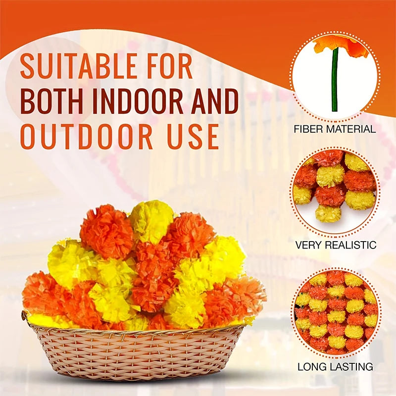 1.5m Marigold Flower Garland Plastic Artificial Flowers Indian Diwali Traditional Festival Wreath Day of The Dead Party Decor
