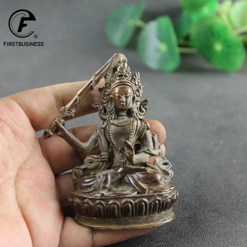 Antique Copper Tibetan Buddhism Holding Sword Manjushri Bodhisattva Buddha Statue China Crafts Collection Home Desktop Ornaments