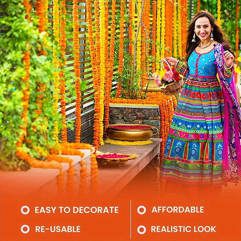 1.5m Marigold Flower Garland Plastic Artificial Flowers Indian Diwali Traditional Festival Wreath Day of The Dead Party Decor