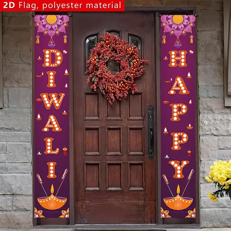 VIKAMA2pcs Purple Diwali Festival Door Banner Set for Festive Party Decorations and Entrance Ornaments with Couplets