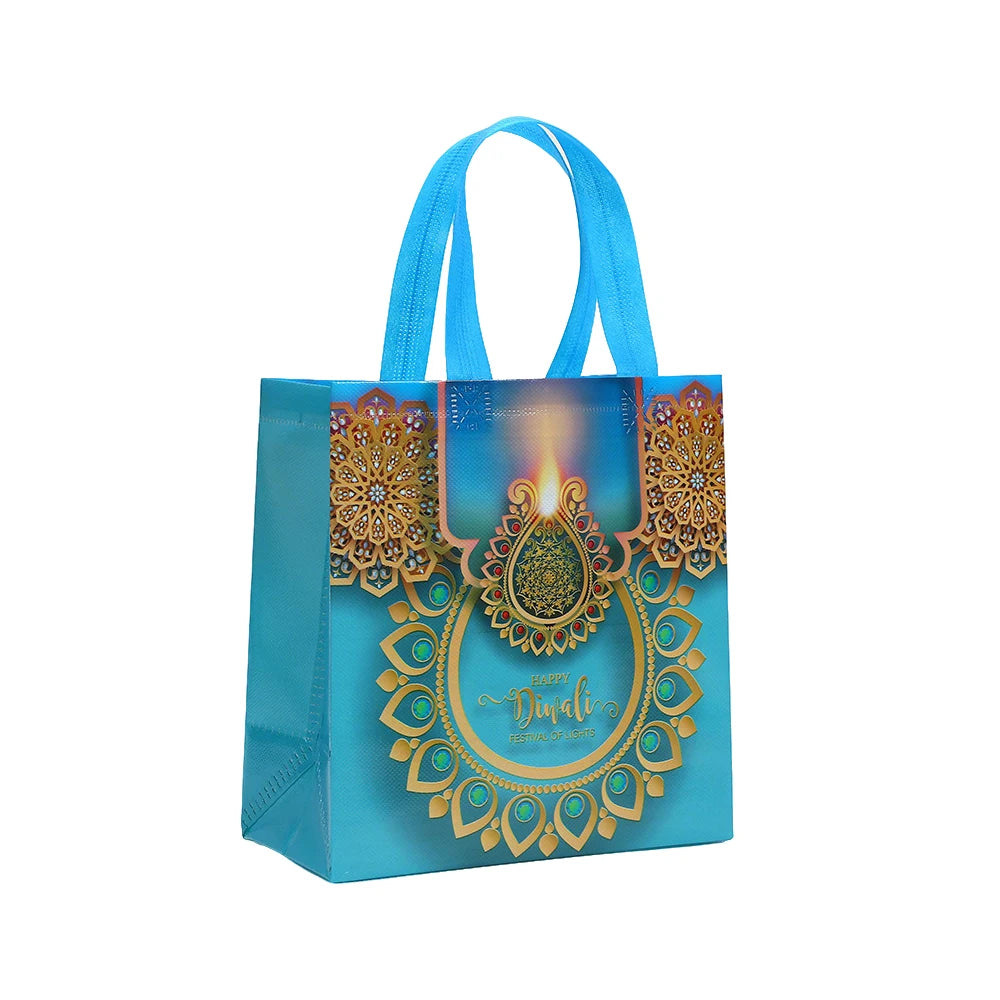 12Pcs Happy Diwali Theme Non-Woven Gift Packing Bag Candle Shopping Tote Bag for India Diwali Festival Party Favors Bag Decor