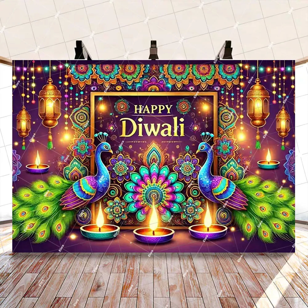 Diwali Decorations Indian Diwali Festival Deepavali Peacock Candle Wedding Birthday Party Supplies Backdrop Banner Photo Studio