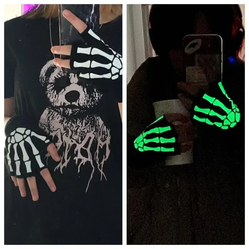 Punk Gloves Halloween Gloves Cosplay Y2k Skeleton Skull Half Finger Gloves Glow in The Dark Stretch Knitted Winter Mittens Adult