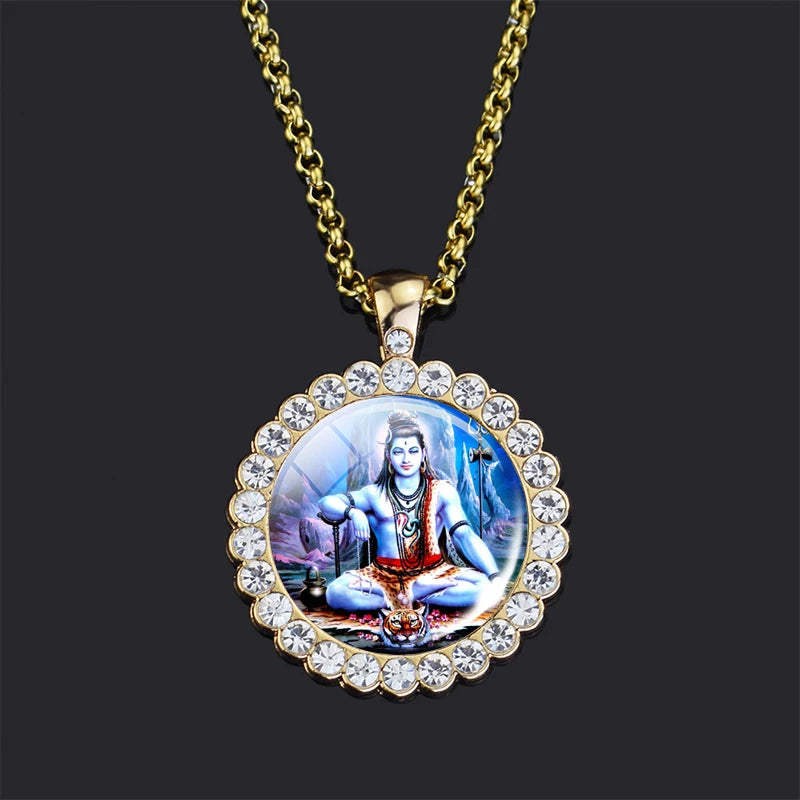 Shiva Parvati Necklace Hindu God Jewelry Vishnu Lakshmi Glass Rhinestone Pendant Chain Necklace Hinduism Jewelry
