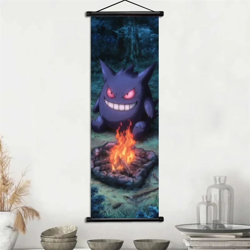 Pokemon Gengar Scroll Art Cloth Anime Characters Wall Hanging Poster Halloween Xmas Decor Fans Collection Home Gifts