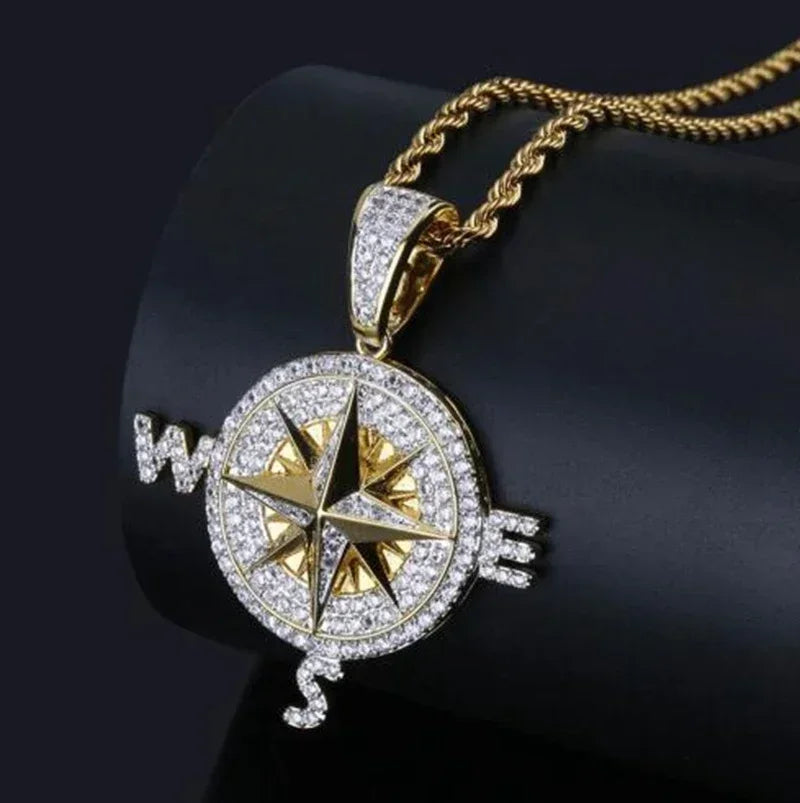 Gold Color Cross Compass Polaris Pendant Round Coin Necklace Men and Women Charm Hip Hop Rock Casual Party Jewelry Gift