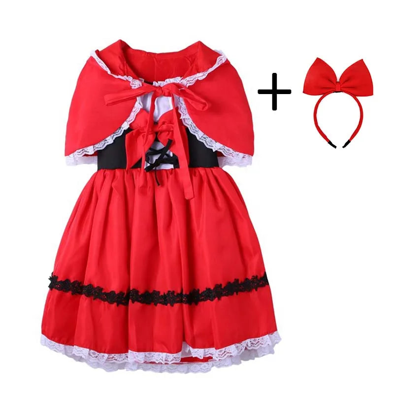 Girls Little Red Riding Hood Cosplay Children's Costume Princess Halloween Dress Headband + Pumpkin Bag Set Dresses for Girls