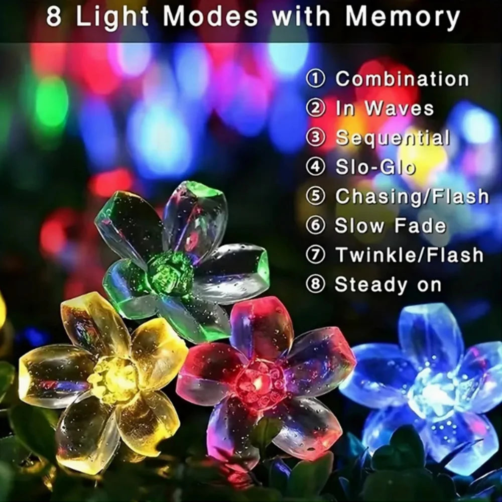 Solar decorative lights, outdoor waterproof 8 modes, cherry blossom lights, Christmas garden party decoration