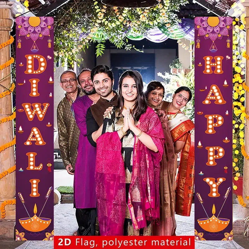 VIKAMA2pcs Purple Diwali Festival Door Banner Set for Festive Party Decorations and Entrance Ornaments with Couplets