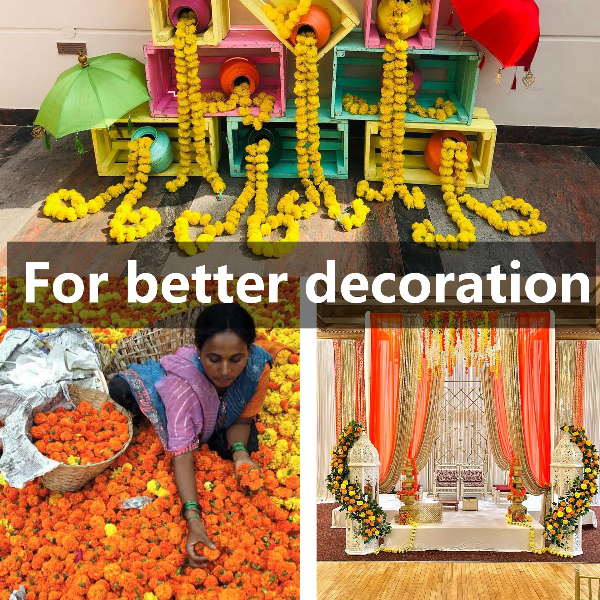 2 Pcs Marigold Flower Garland with бо Flowers for Diwali Mexican Dia de los Muertos DIY Wreath Day of The Dead Decor Party