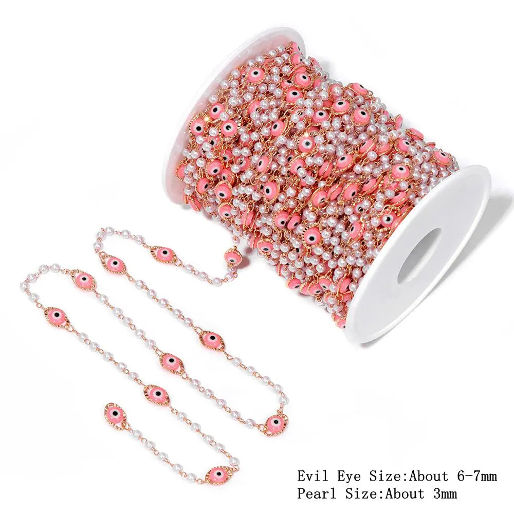 Colorful Evil Eye Beads Chains Stainless Steel Link Pearl Beaded Chains Turkey Eye Link Chain for Necklace Making Jewelry DIY