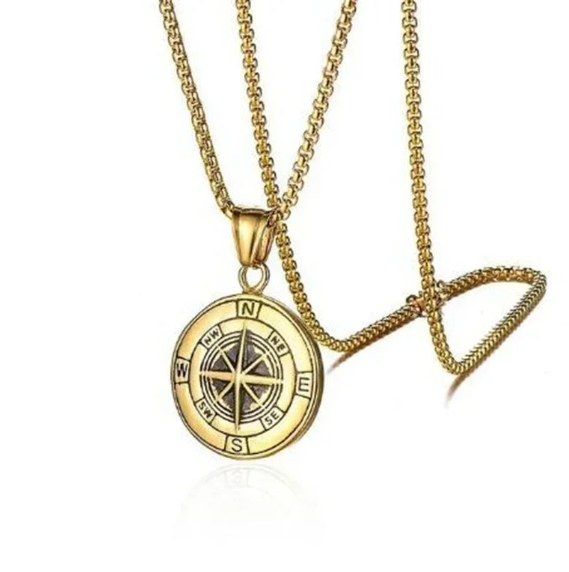 Gold Color Cross Compass Polaris Pendant Round Coin Necklace Men and Women Charm Hip Hop Rock Casual Party Jewelry Gift