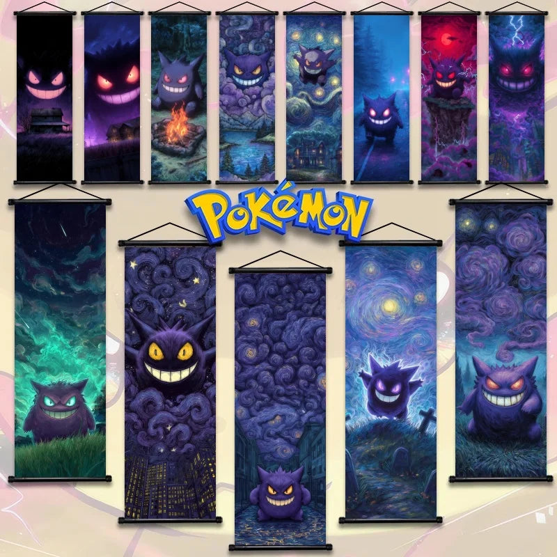 Pokemon Gengar Scroll Art Cloth Anime Characters Wall Hanging Poster Halloween Xmas Decor Fans Collection Home Gifts
